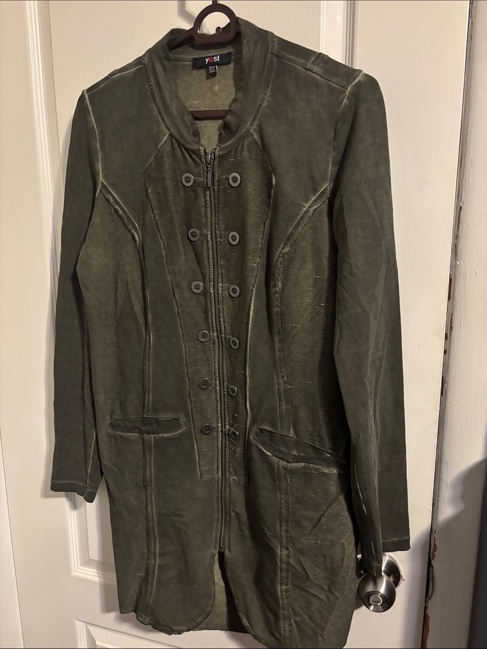Yest Lagenlook Distressed Army Green Zip Up Midi Jacket